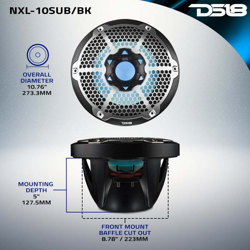 DS18 Subwoofer & Enclosure 10in 300 Watts RMS 4 ohm SVC Black w/ Covers