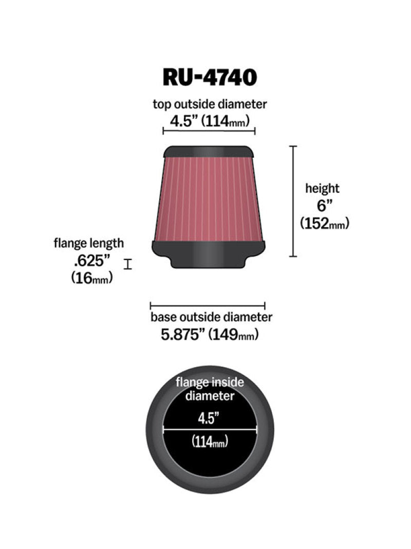 K&N Filter Universal Rubber Filter Round Tapered 4.5in Flange 5.875in Base 4.5 inch Top 6in Height
