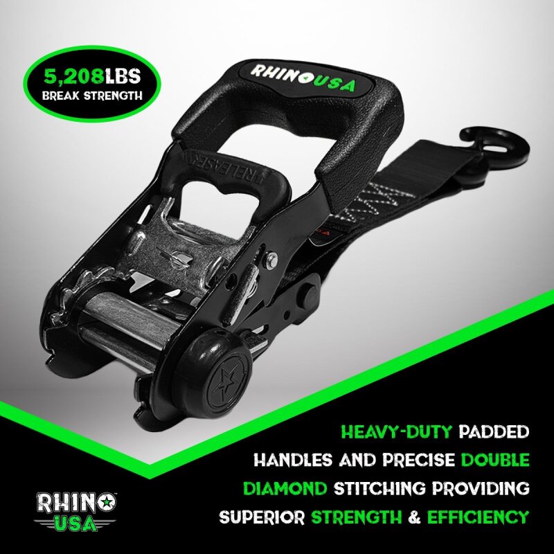 Rhino USA Heavy Duty Ratchet Tie-Down 4-Pack Green 1.6In X 15Ft